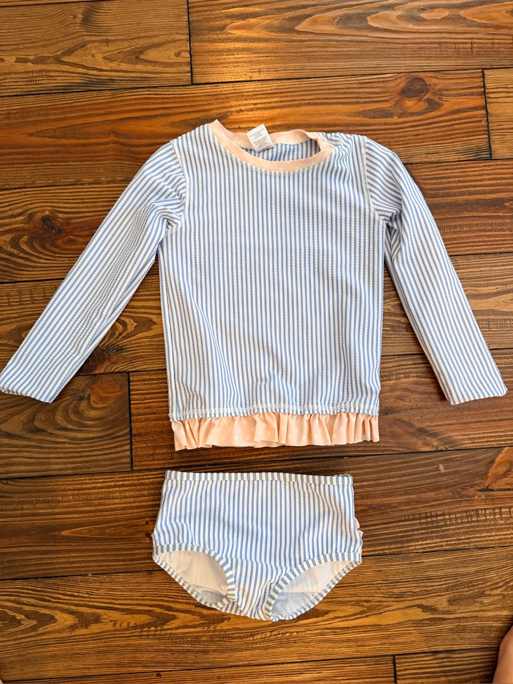 Ruffle Butts Blue & White Striped Long Sleeve Swim Set with Pink Trim